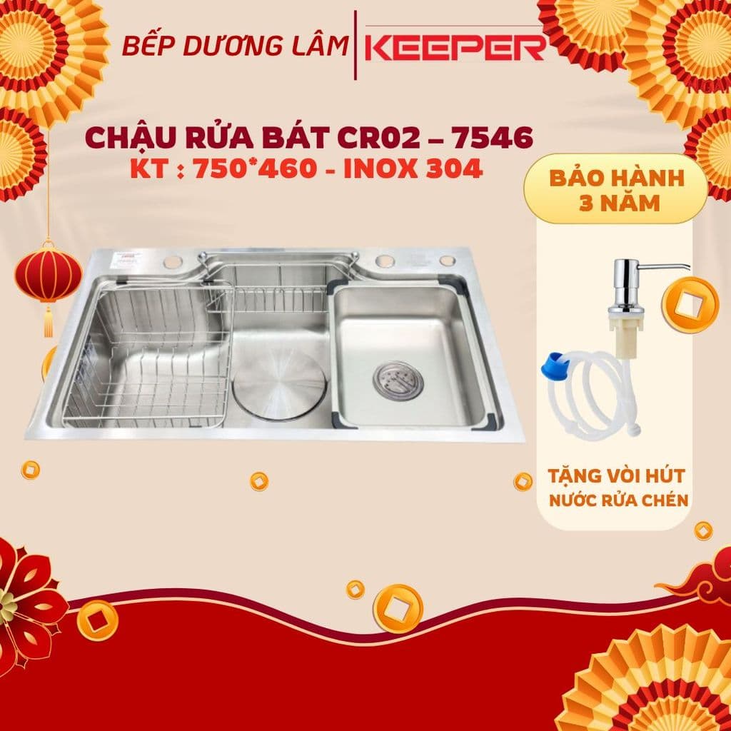 Chậu rửa bát 1 hố Keeper CR02-7546 | Chậu rửa bát 1 hố | Tặng đầu vòi hút nước rửa chén