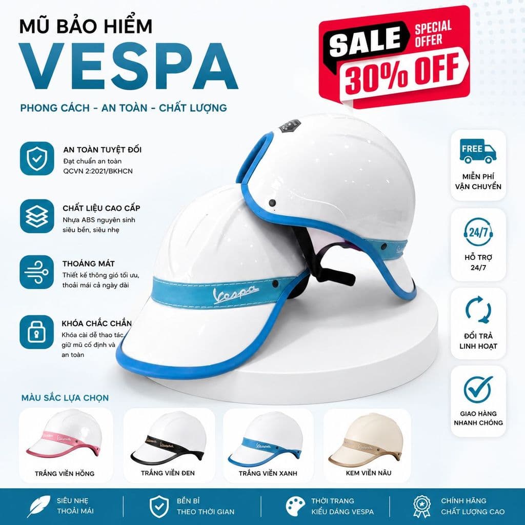 [ĐẠT CHUẨN AN TOÀN] Mũ Bảo Hiểm Vespa Lưỡi Trai Nam Nữ Thời Trang Nửa Đầu Nhiều Màu Phong Cách