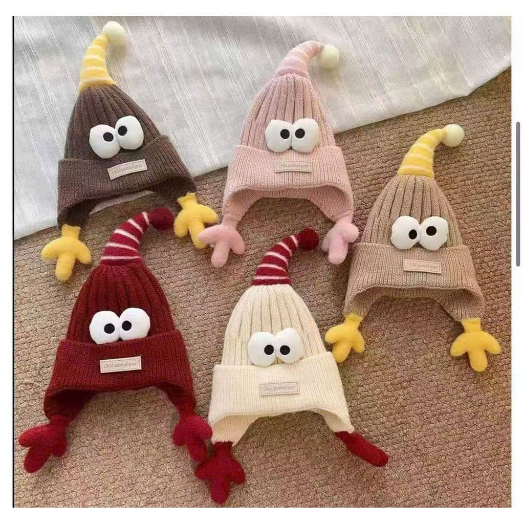 Mũ Len Cho Bé 1-6 Tuổi Mũ Beanie Mắt To Dễ Thương Mũ Len Chóp Nhọn Lót Nhung Ấm Mùa Đông Hàn Quốc