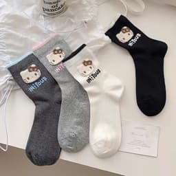 Set 10 Đôi Tất/ Vớ Hoạ Tiết Mèo Kitty Viền Màu Cổ Cao Phong Cách Dễ Thương  (miễn phí ship) 5