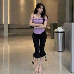 Quần ngố lửng cạp cao có dây rút cột nơ unnie quần thun dài qua gối y2k QL77 6