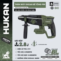 Máy khoan đục bê tông pin HUKAN GC-RHL2126BL, Không chổi than, 3 chức năng, 2.8J, Mũi SDS PLUS 2