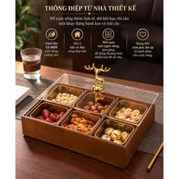 Khay Đựng Bánh Kẹo Mứt Tết 2027 Gỗ Melamine Chia 4 Và 6 Ngăn Kèm Hũ, Nắp Mica Trong Suốt, Núm Hươu Vàng Sang Trọng 8