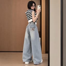Quần Jean Nữ Suông Rộng Cạp Cao AN TÂY Vải  Xước Vintage Thêu Hoạ Tiết Túi Sau Có Nắp 100cm #8898-99 Xám Rêu/Xanh Nhạt 5