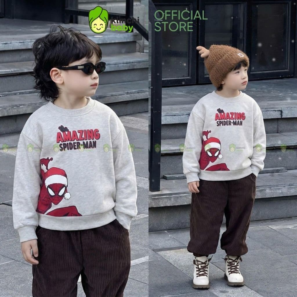 [10-29KG] Áo Nỉ Cho Bé Trai Kimchibaby Dày Dặn Nỉ 2 Da Cao Cấp Premium, Áo Sweater Siêu Nhân Người Nhện Noel AN601