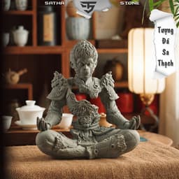 Tượng Ngộ Không đấu chiến thiền tâm đá sa thạch ST0375 - Tượng tôn ngộ không phá giáp ngồi thiền 1