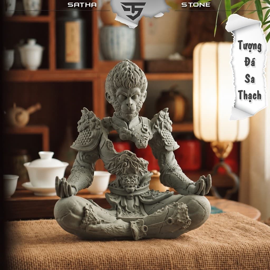 Tượng Ngộ Không đấu chiến thiền tâm đá sa thạch ST0375 - Tượng tôn ngộ không phá giáp ngồi thiền