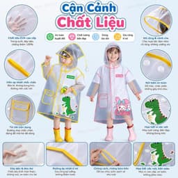 Áo Mưa Trẻ Em Trong Suốt Có Mũ, Chống Thấm Cho Bé Trai Bé Gái, Họa Tiết Khủng Long Thỏ Hồng Dễ Thương (SIZE M-L-XL-XXL) 2