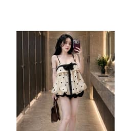 Set Bộ Nữ Gồm Áo Hai Dây Dáng Babydoll Họa Tiết Chấm Bi Phối Nơ Đen Mix Quần Short Dáng Bí Phồng Bồng Bềnh - Usmark 7