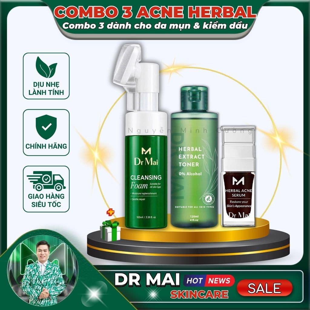 Bộ 3 Dr Mai chăm sóc da mụn, thâm, cân bằng dầu thừa, Sữa rửa mặt, Toner và Serum