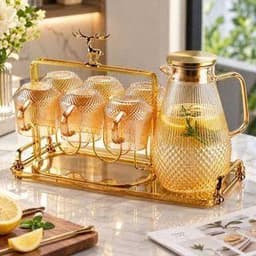 Bộ Bình Cốc Thủy Tinh Chịu Nhiệt Kèm Khay & Giá Úp – Bình 1.5L + 6 Cốc 280ml Có Quai, Bộ Bình Nước Sang Trọng Gia Đình 1