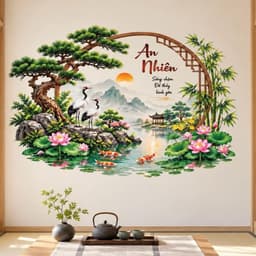 Decal dán tường (60 x 90cm). Tùng hạc an nhiên. Sen trúc bình an trang trí nhà cửa 3