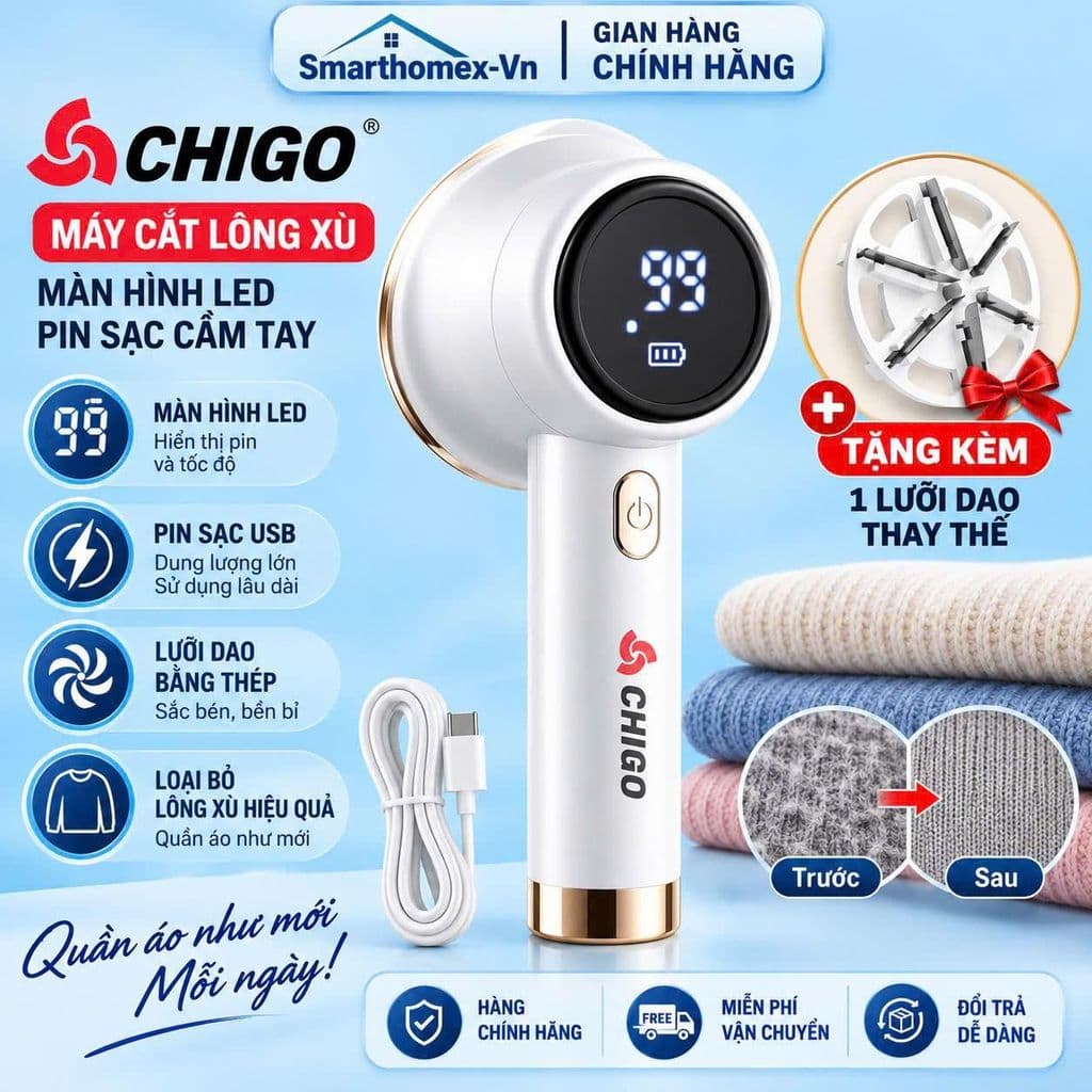 Máy Cắt Lông Xù CHIGO Chính Hãng 8W, Lưỡi Dao 6 Cánh, 3 Tốc Độ, Màn Hình LED, Sạc Type-C, Hút Xơ Vải Tự Động_TH