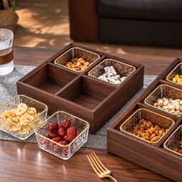 Khay đựng bánh kẹo nhiều ngăn đa năng, gỗ Melamine màu Óc Chó Hộp Đựng Mứt Tết Bánh Kẹo 6 Ngăn Kèm 6 Hũ Nhựa Viền Vàng 4