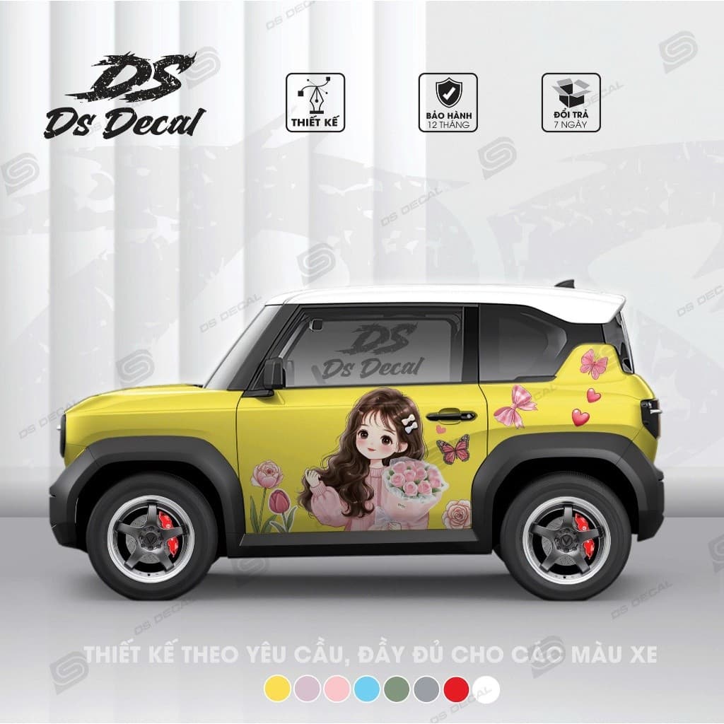 [ TẶNG GẠT DÁN] Tem xe VF3 - Ds Decal - Tem xe VF3 cho nữ - Tem trang trí ngoại thất chống nước, bền màu (1 bộ 2 bên)