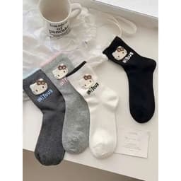 Set 10 Đôi Tất/ Vớ Hoạ Tiết Mèo Hello Kitty Viền Màu Cổ Cao Phong Cách Dễ Thương 8