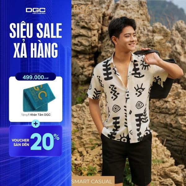Áo sơ mi Nam ngắn tay DGC Dáng suông Smart Casual, họa tiết  trẻ trung, vải thoáng mát - SASNBE56M