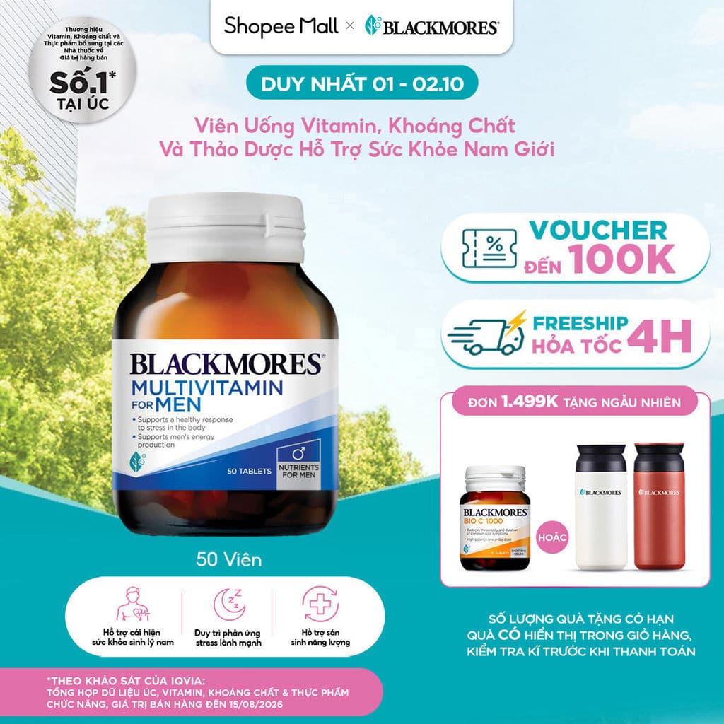 [Hàng cty full va.t ko hủy]  Nam giới Vitamin Tổng Hợp Hỗ Trợ Sức Khỏe Blackmores Multivitamin For Men Lọ 50 Viên