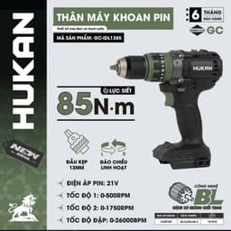 Máy khoan pin HUKAN GC-IDL1385, Không chổi than, 85 Nm, 1750 v/p, Đầu kẹp 13mm, Khoan tường, sắt, gỗ 2