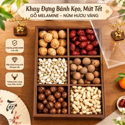 Khay đựng mứt tết bánh kẹo đa năng, Hộp đựng ô mai nắp trong suốt chia 6 ngăn bằng gỗ Melamine có nắp kín kèm hũ nhựa 1