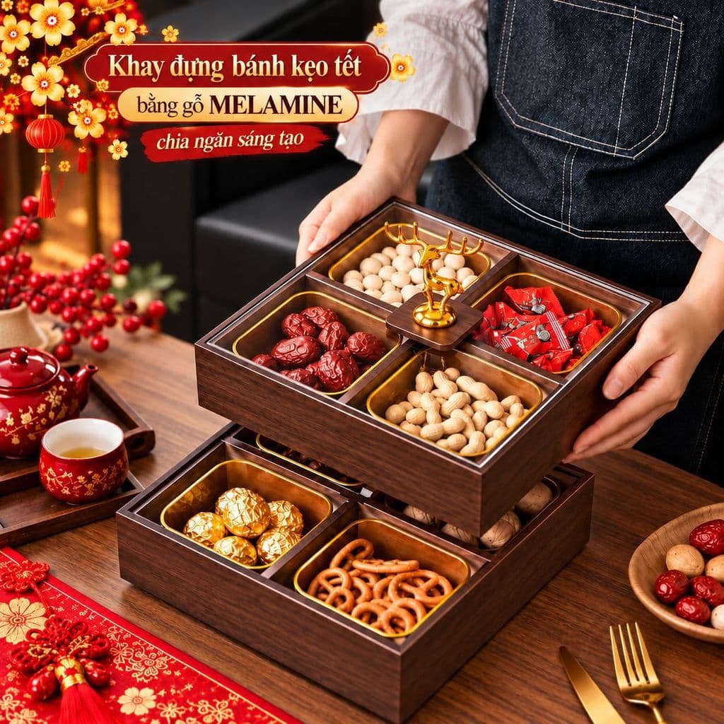 Khay Bánh Kẹo Tết 6 Ngăn , Hộp Đựng Mứt Tết Gỗ Vân Óc Chó Nắp Acrylic Trong Suốt Sang Trọng, Trang Trí Phòng Khách