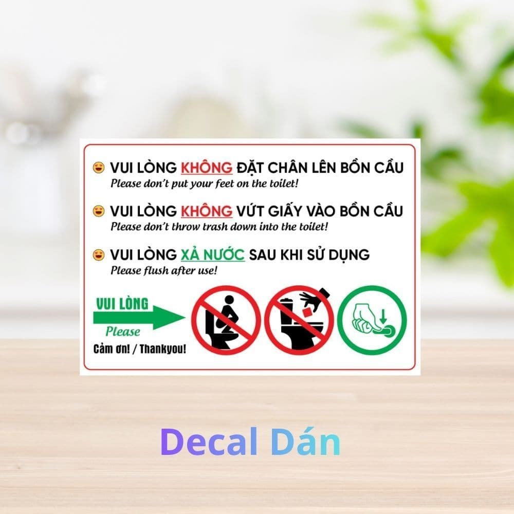 Decal Nội Quy Vệ Sinh, Nhắc Nhở Không Bỏ Giấy Vào Bồn Cầu, Không Đặt Chân Lên Bồn Cầu, Dán Tường, Kính