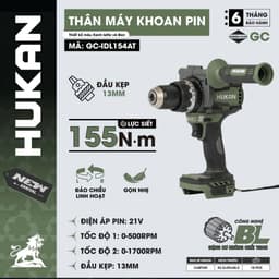 Máy khoan pin HUKAN GC-IDL154AT, Không chổi than, 2 tốc độ, 1700 v/p, 155 N.m, Đầu kẹp 13MM 2