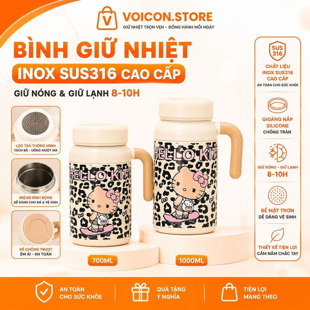 Bình Giữ Nhiệt Hello Kitty Siêu xᶖnh 700ml và 1000ml VOICON-[BIN66] - Giữ Nhiệt Nóng/Lạnh Nhiều Giờ
