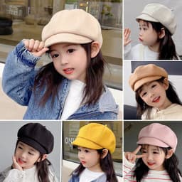 Len Nỉ Trẻ Em Mũ Nồi Màu Trơn Bé Gái Thu Đông Mũ Hình Bát Giác Thời Trang Đơn Giản Trẻ Em Họa Sĩ Mũ 2