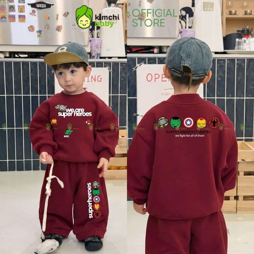[10-29kg] Bộ Thu Đông Vải Nỉ 2 Da Cao Cấp Cho Bé Trai Dày Mịn Ấm KIMCHIBABY Họa Tiết Siêu Anh Hùng Người Nhện BN601