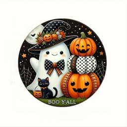 LINSBAYWU Trang trí cửa Halloween, Trang trí tường phẳng 2D bằng gỗ, Nghệ thuật treo tường Ma bí ngô mèo phù thủy hình tròn treo trang trí tiệc Halloween 6