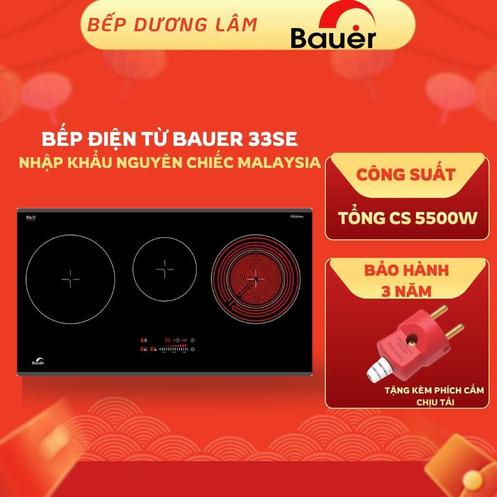 Bếp từ 3 lò Bauer BE 33SE Bếp điện từ 2 từ 1 hồng ngoại,Nhập khẩu Malaysia|Cam kết chính hãng