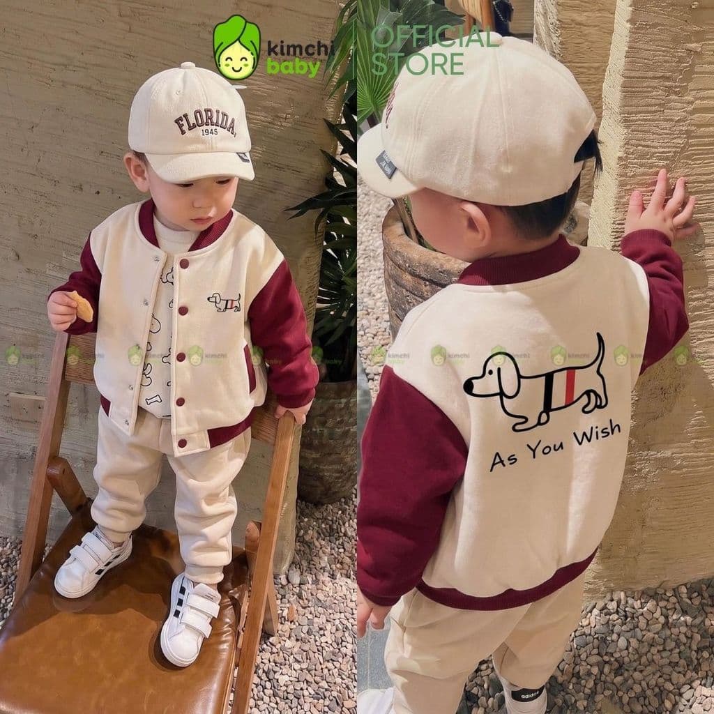 [10-29kg] Áo Khoác Varsity Cao Cấp Bé Trai KIMCHIBABY Nỉ Lông Cáo Dày Mịn Ấm Dáng Bomber, Áo Khoác Cho Bé Mặc Thu Đông