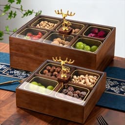 Khay Mứt Tết 4 Ngăn Và 6 Ngăn, Khay Đựng Bánh Kẹo Có Nắp Đậy Hình Hươu Kèm Hũ- Gỗ Melamile Cao Cấp Sang Trọng 5