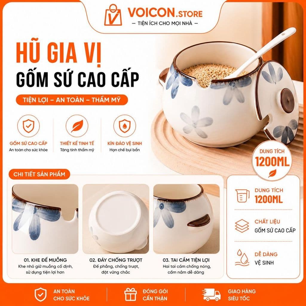 Hũ Sứ Đựng Mỡ Liễn Đựng Gia Vị 1200ml Có Tai Cầm Tiện Lợi Kiểu Vỏ Sò Chất Liệu Gốm Sứ An Toàn Cho Sức Khỏe VOICON-[DA72]