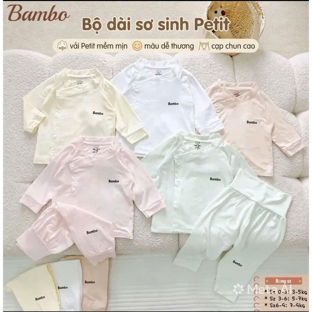 (Combo )Bộ Quần Áo Dài Tay Sơ Sinh Cạp Cao bambo  NT Vải Petit Thun Lạnh Pastel Mềm Mát Cho Bé 3-9kg