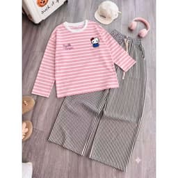 SÉT BỘ QUẦN KẺ VẰN DÁNG DÀI + MIX ÁO KẺ  SỌC NGANG DÀI TAY hình KITY in ngu c 1