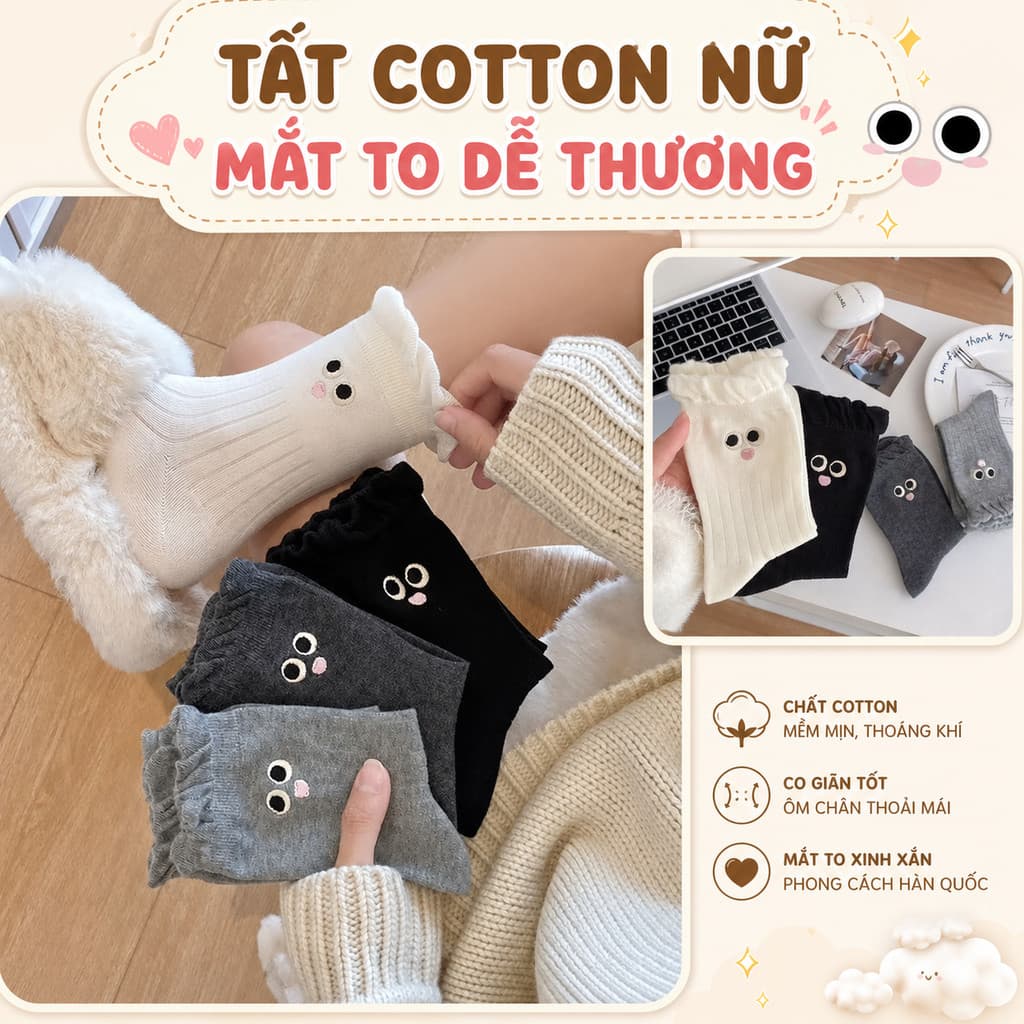 Combo 5 Đôi / 10 Đôi Tất Cotton Nữ Họa Tiết Mắt To Đáng Yêu