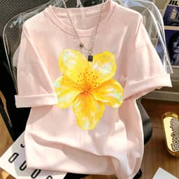 Hot trend Áo thun nữ phong cách thanh lịch tươi mát, cổ tròn tay ngắn in hoa vàng lớn phù hợp đi chơi hàng ngày 6