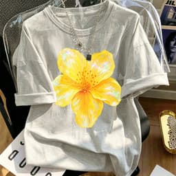 Hot trend Áo thun nữ phong cách thanh lịch tươi mát, cổ tròn tay ngắn in hoa vàng lớn phù hợp đi chơi hàng ngày 7