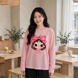 Áo thun giấy cổ tròn dài tay form rộng in hoạ tiết cô gái nơ hồng xinh  TG NTO58 7 3
