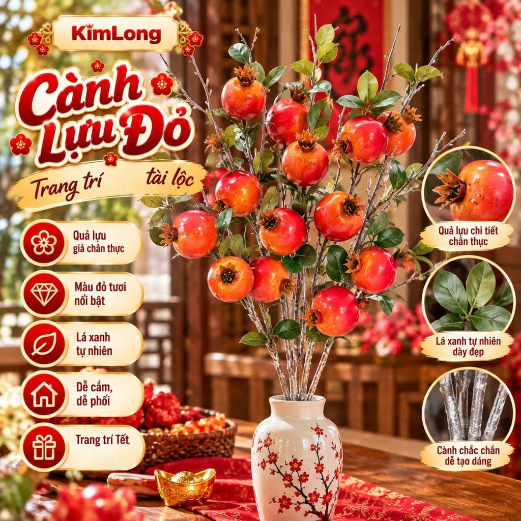 Cành Lựu mốc 7 Quả cao 90cm, quả cam đỏ lớn mang lại may mắn, tài lộc và trang trí sang trọng cho không gian.