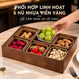 Khay đựng mứt tết bánh kẹo đa năng, Hộp đựng ô mai nắp trong suốt chia 6 ngăn bằng gỗ Melamine có nắp kín kèm hũ nhựa 2