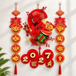 Set 4 Món Trang Trí Tết 2027 Treo Tường, Bộ Decor Tết Đỏ Vàng Chữ Phúc, Câu Đối Chúc Mừng Năm Mới 2