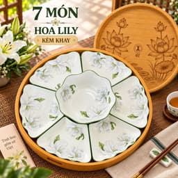 Bộ Bát Đĩa Hoa Mặt Trời 15 Món Gốm Sứ Cao Cấp, Họa Tiết Hoa Trắng Viền Xanh Kèm Khay Sen Trang Trọng,Chén Đĩa Gia Đình 1