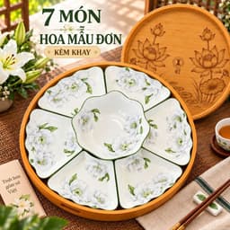 Bộ Bát Đĩa Hoa Mặt Trời 45cm Cao Cấp, Gốm Sứ Trắng Viền Xanh, Họa Tiết Hoa Mẫu Đơn Sang Trọng, Bộ Đồ Ăn Gia Đình 2