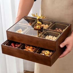 Hộp Đựng Bánh Kẹo Mứt Tết 6 Ngăn Sang Trọng, Khay Gỗ Vân Óc Chó Nắp Mica Trong Suốt, Hươu Vàng Tài Lộc Trang Trí Bàn Trà 1