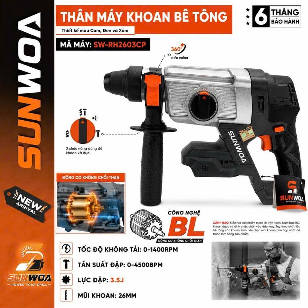 Thân Máy Khoan Bê Tông Pin SUNWOA SW-RH2603CP, Lực Đập 3.5J, Khoan 3 Chức Năng, Không Chổi Than