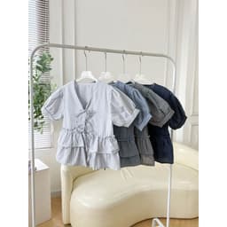 Áo Kiểu Babydoll 2 Tầng Phối Nơ Cột Tay Bồng Kẻ Sọc 5