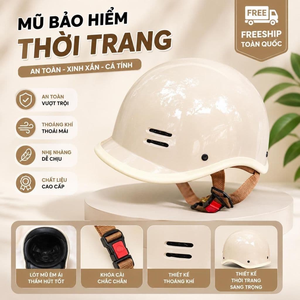 [ĐẠT CHUẨN AN TOÀN] Nón bảo hiểm nửa đầu cá heo cao cấp, free size 54-58cm, chất liệu ABS và EPS  thoải mái